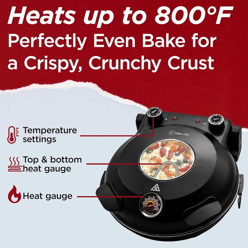 CULINARY CHEF Electric Pizza Oven with Ceramic Stone, Viewing Window, Adjustable Heat Control, Timer and 1200W Baking Power, DIY Homemade Pizzeria, Large 12” Pie Capacity (Black) - Image 3